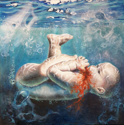 Dette kunsttrykket av Trond Berg-Nilssen skildrer en dyptgående og urovekkende kommentar om menneskets natur, hvor babyen under vann ser ut til å fortære seg selv. 