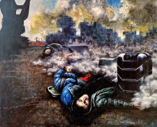 Dette kunstrykket av Trond Berg-Nilssen formidler en sterk følelse av katastrofe og menneskelig tragedie gjennom en dramatisk komposisjon og rå uttrykksfullhet. 