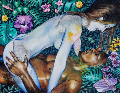 Dette kunsttrykket av Trond Berg-Nilssen skildrer en intim forbindelse mellom to mennesker, omkranset av en overflod av fargerike blomster og naturens frodighet.
